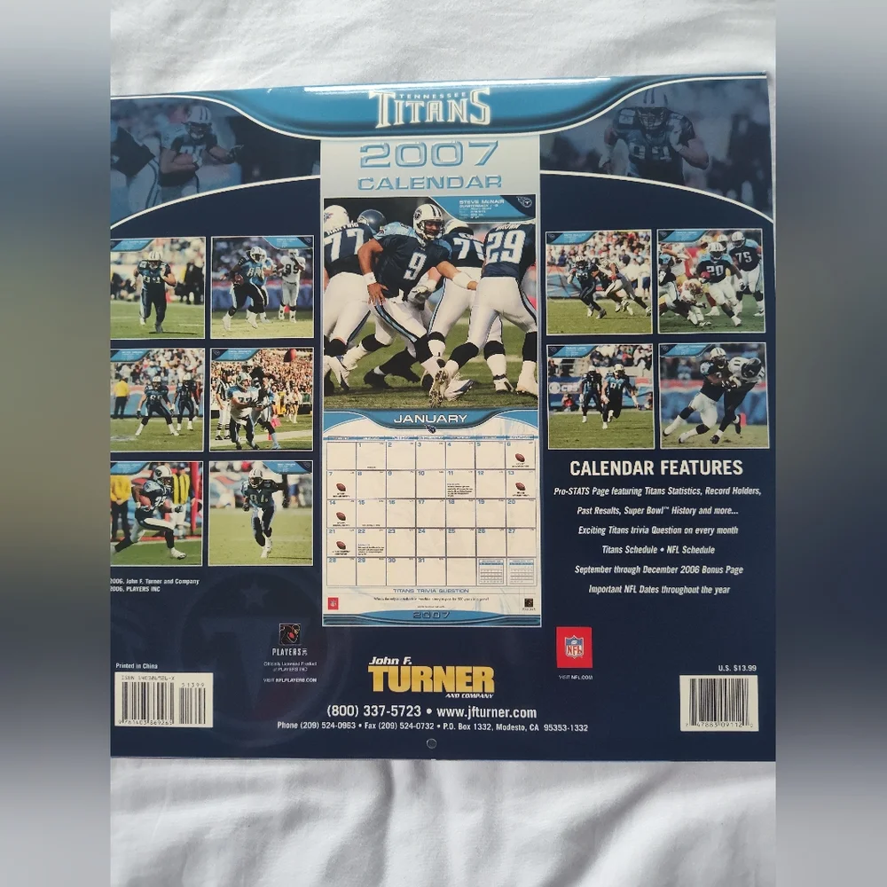 Vtg. 2007 Tennessee Titans 12 Month Calendar. 12 X 12